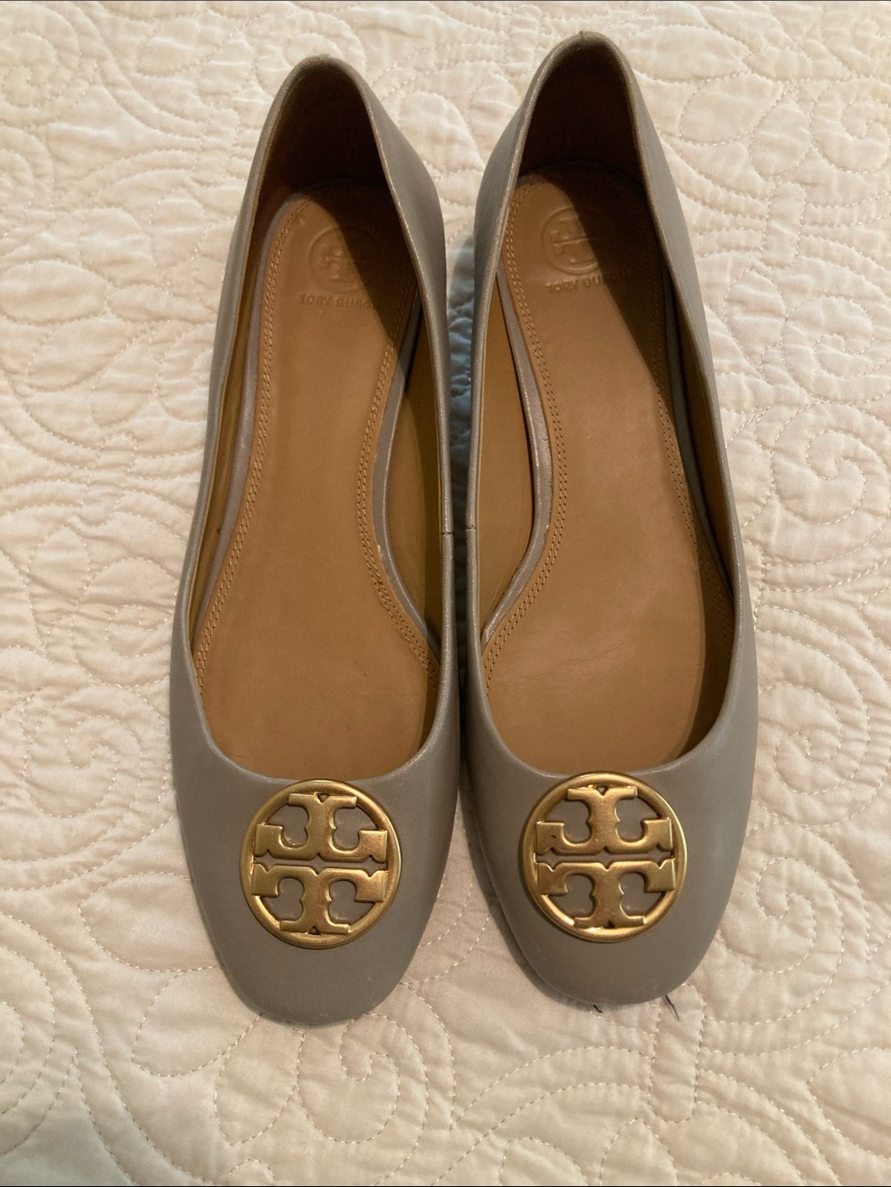 Tory Burch Chelsea Taupe Leather Logo Ballet Flats with Gold Medallions